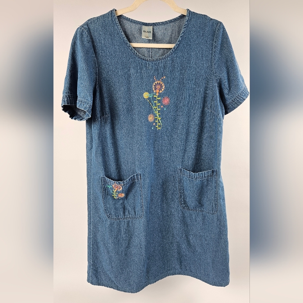 Blair Blue Denim Shift Dress with Floral Embroidery